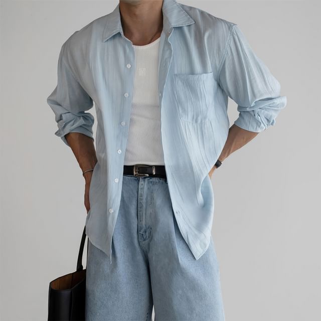 mopagrati-Long Sleeve Collared Plain Shirt