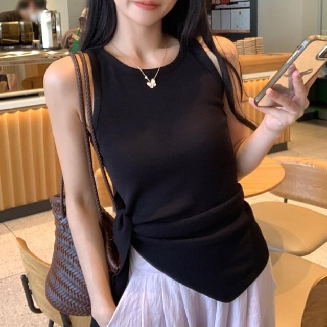 Yako-Round Neck Plain Tie-Up Knit Tank Top