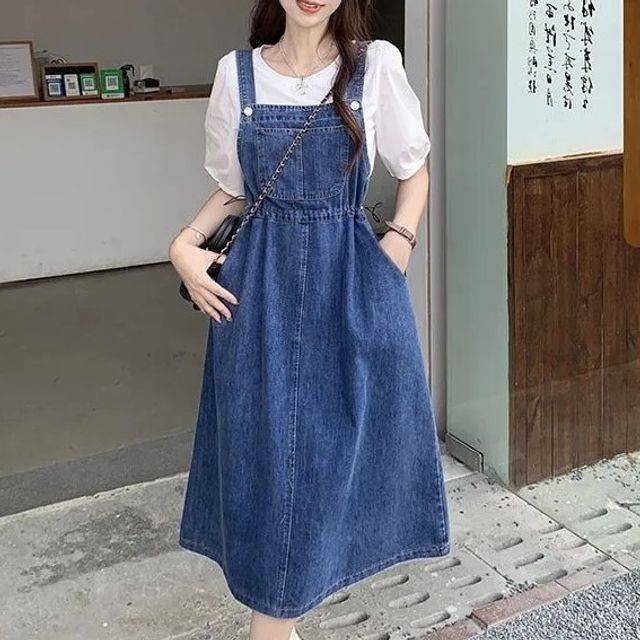 Tatunne Washed Midi A-Line Denim Jumper Dress Puff Sleeve Crew