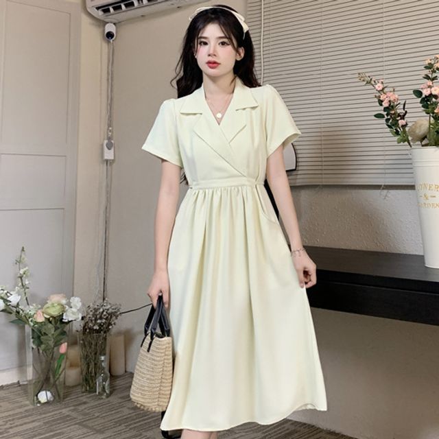 Matuxes - Short-Sleeve Notch Lapel Plain Gathered Midi A-Line Wrap Dress | YesStyle Matuxes - Short-Sleeve Notch Lapel Plain Gathered Midi A-Line Wrap Dress | YesStyle