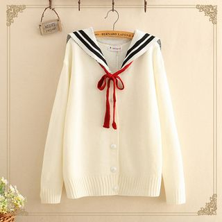 Sailor-Collar Tie-Neck Knit Cardigan