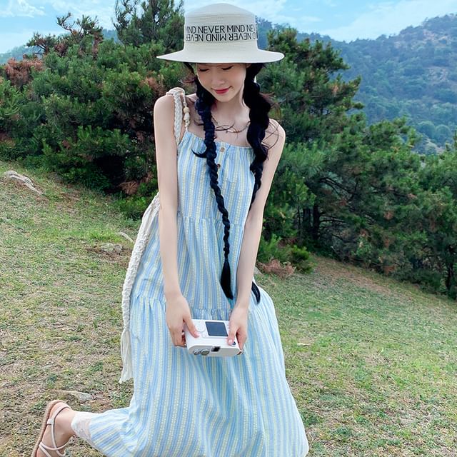 Juuri-Spaghetti Strap Striped Button Panel Maxi A-Line Dress