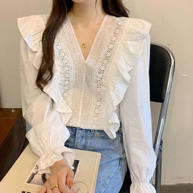 Sisyphi-Puff-Sleeve V-Neck Plain Ruffle Lace Trim Blouse