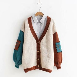 Color-Block Patched Knit Cardigan
