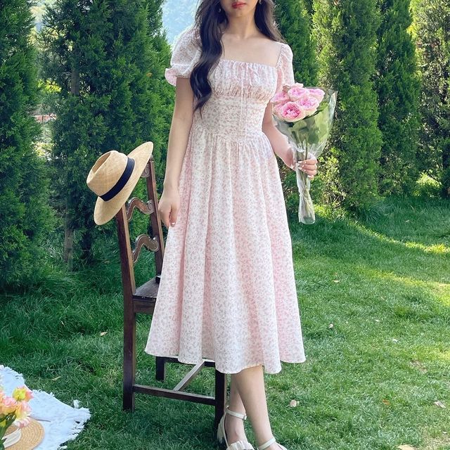 TOHADA - Puff-Sleeve Floral Midi Corset Dress | YesStyle