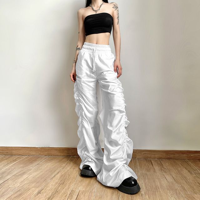 Sugarcoat-Drawstring Waist Plain Ruched Wide Leg Jogger Pants