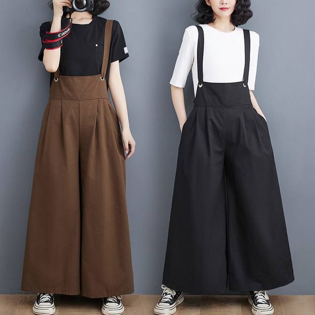 Lewwe-Wide Leg Plain Suspender Pants