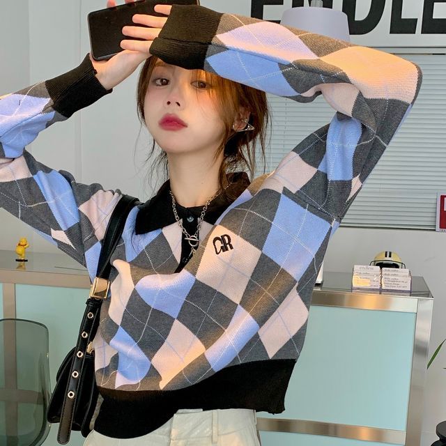 Girls Supply Polo Long-Sleeve Color Block Argyle Knit Cropped