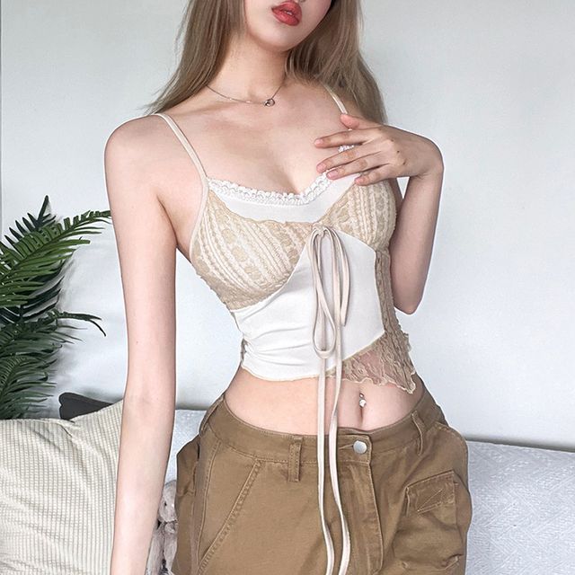 Sugarcoat-V-Neck Lace Panel Crop Cami Top