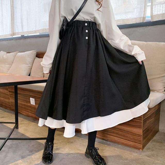 Sisyphi-High Rise Two Tone Maxi A-Line Skirt