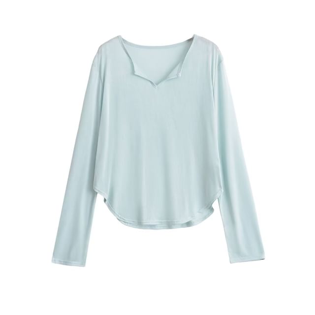 Hollahop-Long Sleeve Notch Neck Plain Tee