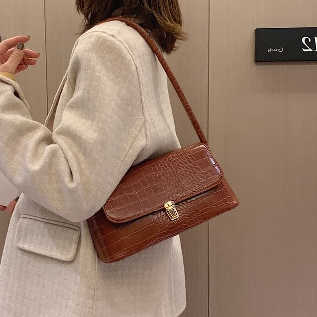 KOCORE-Croc Grain Faux Leather Shoulder Bag