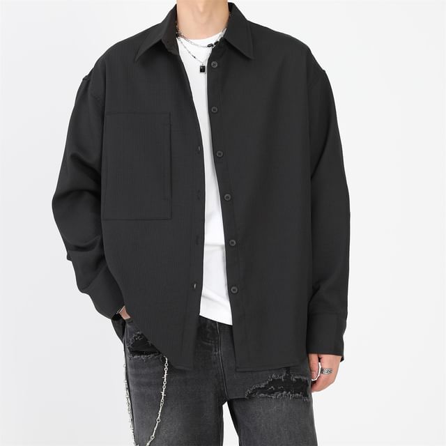 Adothuiastic-Long-Sleeve Plain Button-Up Shirt