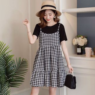 Hiccup - Maternity Set: Plain Short-Sleeve T-Shirt + Gingham Pinafore ...