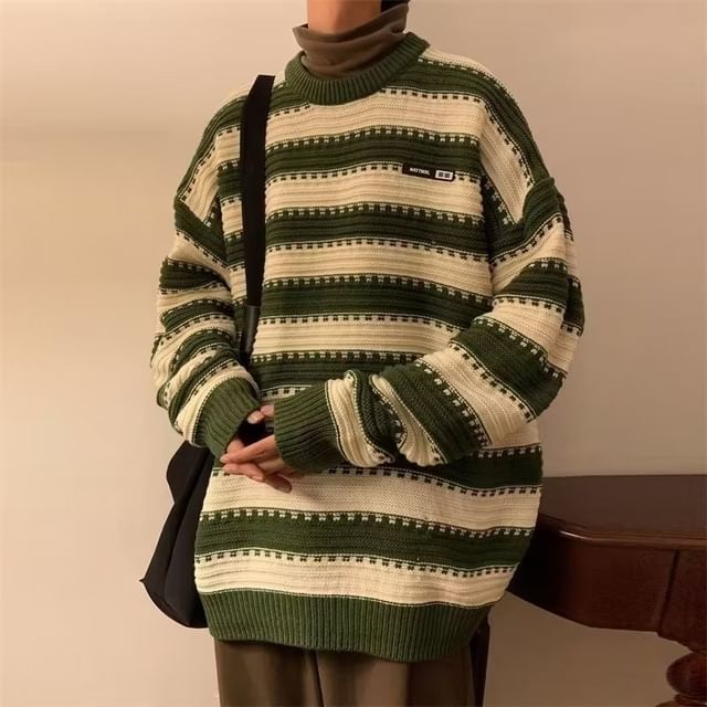 Bay Go Mall-Crew Neck Striped Oversized Sweater