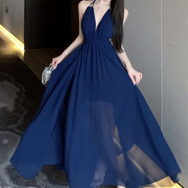 JIYON-Spaghetti Strap V-Neck Plain Maxi A-Line Dress