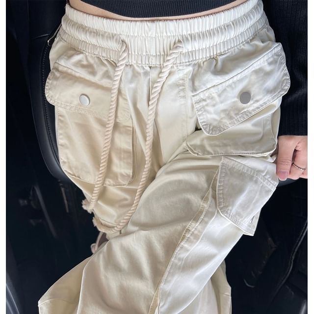 Isaaca-Drawstring Waist Plain Wide Leg Cargo Pants