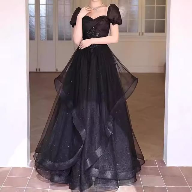 DreesHouse-Short Sleeve Square Neck A-Line Evening Gown