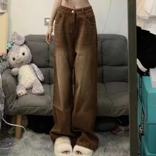 Wildfoea-Mid Waist Washed Wide Leg Jeans