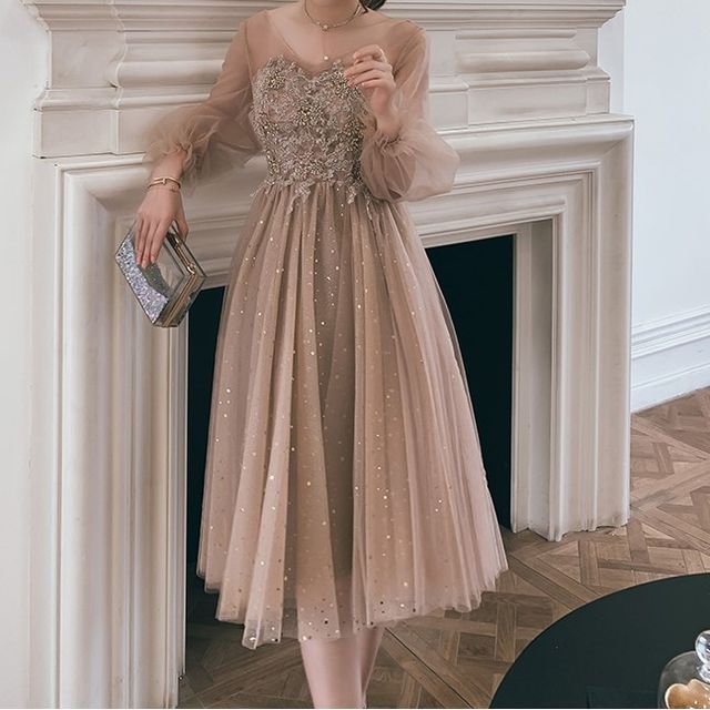 Fioridi - Bell-Sleeve Glitter Mesh A-Line Evening Gown | YesStyle