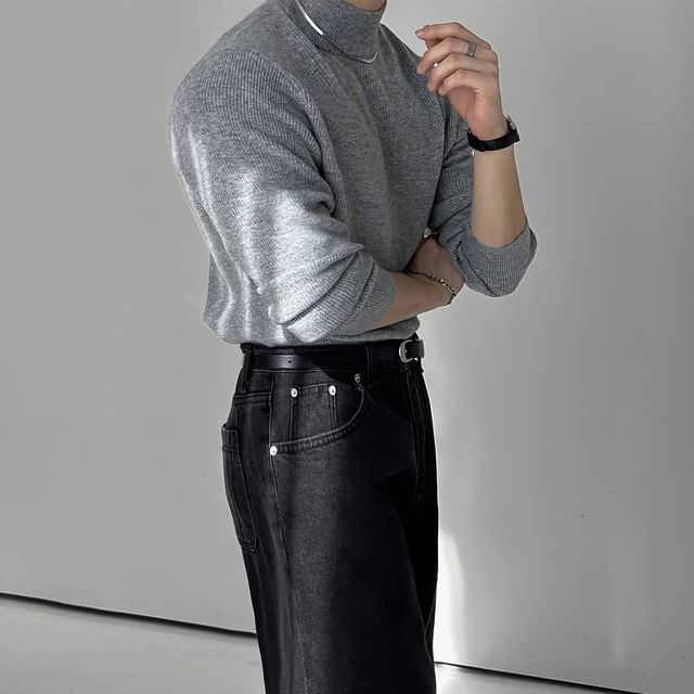 mopagrati-Mock Neck Plain Sweater