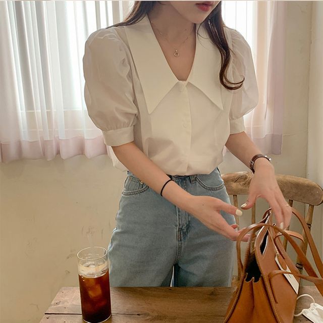 Everose-Short-Sleeve Plain Blouse