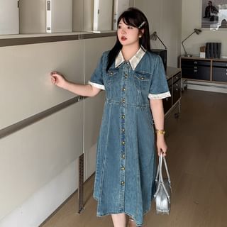 Krezol Plus Size Short-Sleeve Collar Contrast Trim Button Denim Midi A-Line Dress Sale