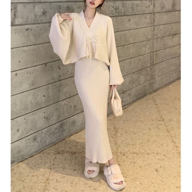 Malrowe - Set: V-Neck Frog-Button Cardigan + Sleeveless Midi Bodycon Dress  | YesStyle