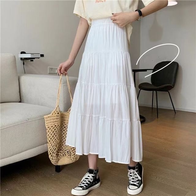Sisyphi-High Waist Plain Midi A-Line Skirt