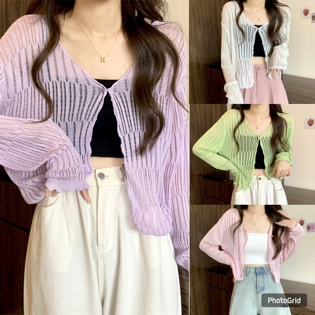 Magimomo-V-Neck Sheer Button-Up Plain Crop Cardigan Cami Top