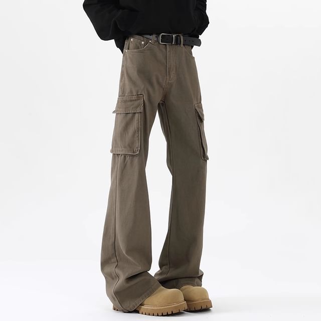 Ffodia-High Waist Plain Flared Cargo Pants