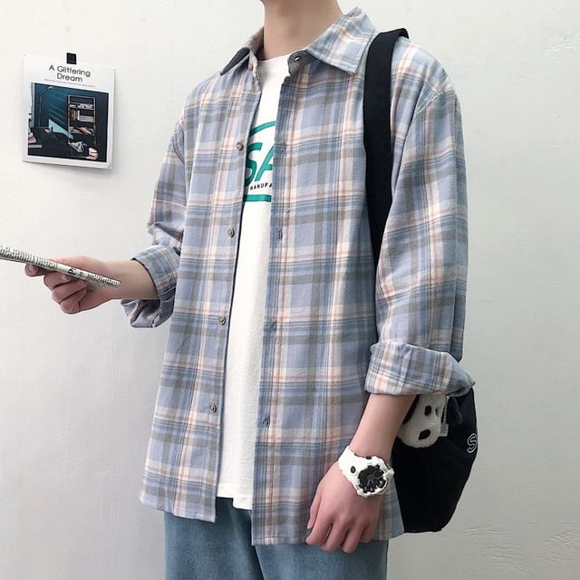 Macho-Long-Sleeve Plaid Button-Up Shirt