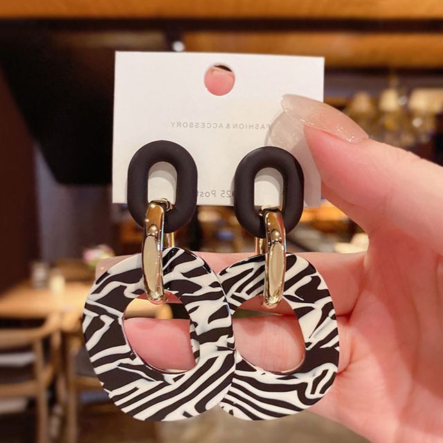 Calafa-Zebra Print Square Alloy Dangle Earring