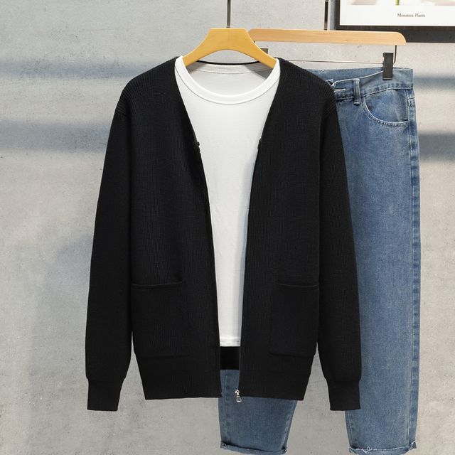 Naideth-V-Neck Plain Zip-Up Cardigan