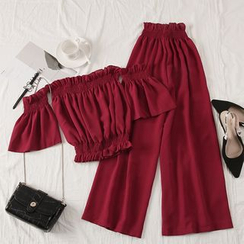 Babique - Set: Off-Shoulder Crop Top + High-Waist Wide-Leg Pants Babique - Set: Off-Shoulder Crop Top + High-Waist Wide-Leg Pants