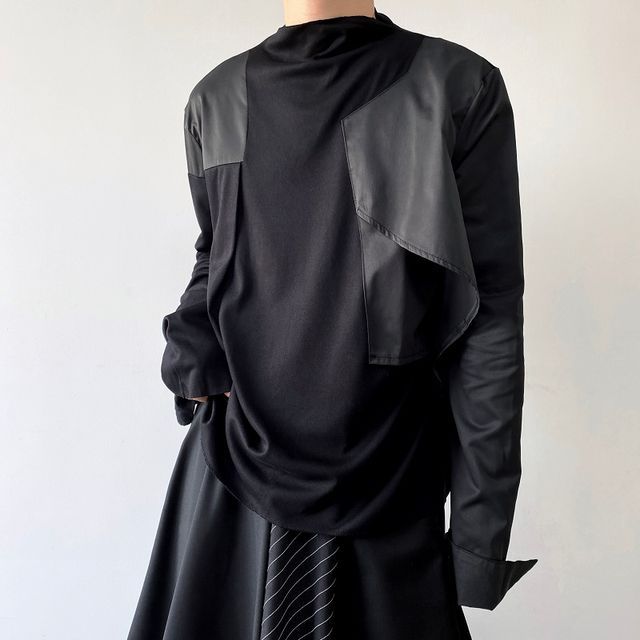Bjorn-Mock Neck Patchwork Loose-Fit Sweatshirt