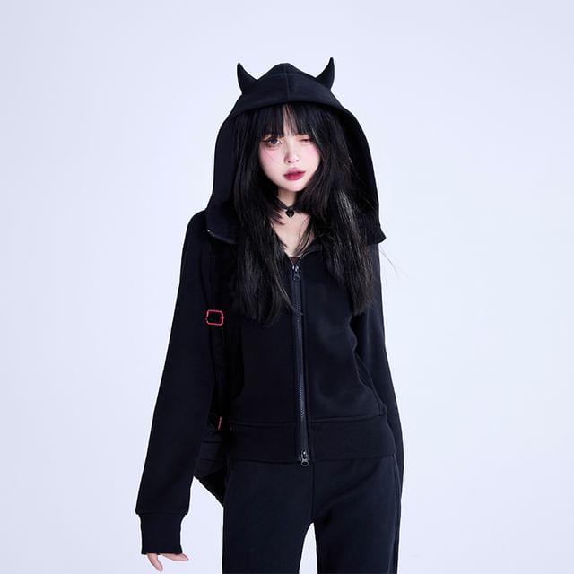 KUMI-Plain Devil Horn Accent Zip-Up Hoodie