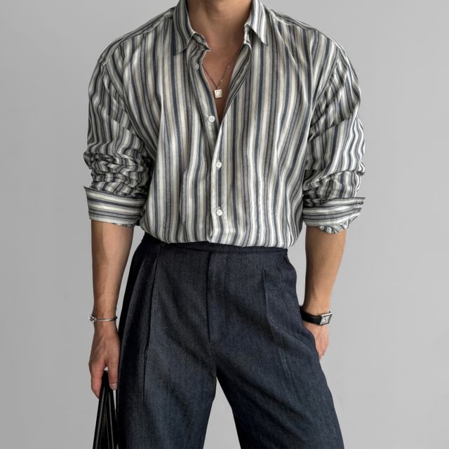 Okwano-Long-Sleeve Collared Striped Shirt