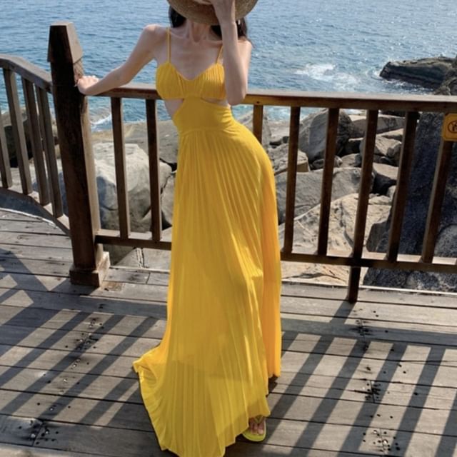 Saccharine - Spaghetti Strap Plain Accordion Pleated Cutout Maxi A-Line  Dress | YesStyle
