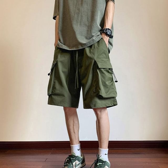 Trimecca-Mid Rise Plain Drawstring Cargo Shorts