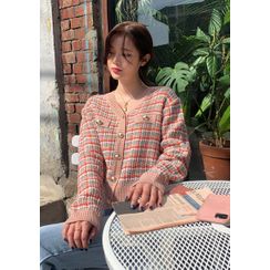 chuu - Plaid Tweed Metal-Button Cardigan chuu - Plaid Tweed Metal-Button Cardigan