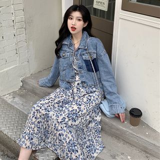 OUREA - Floral Print Midi A-Line Dress / Denim Jacket | YesStyle OUREA - Floral Print Midi A-Line Dress / Denim Jacket | YesStyle