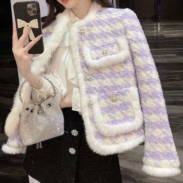 Dragan Pulse-Round Neck Houndstooth Tweed Button Cropped Jacket