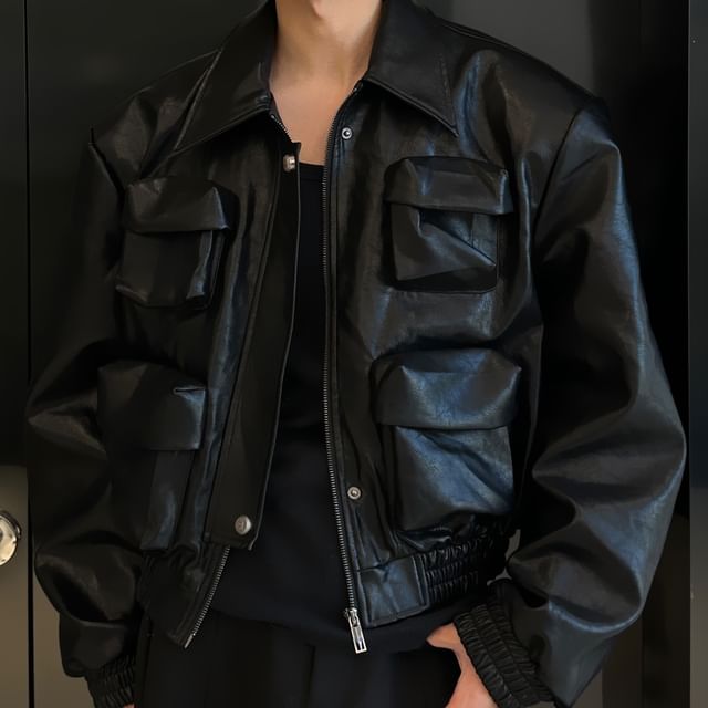 DragonRoad-Collar Plain Faux Leather Zip Jacket