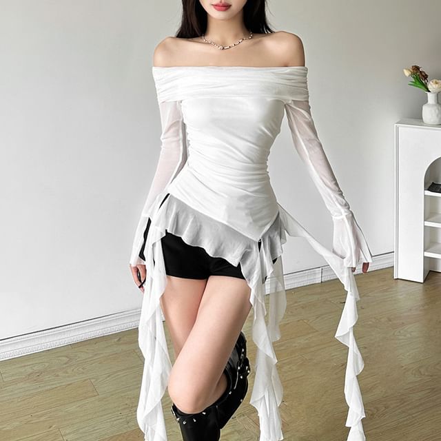 Sugarcoat-Long-Sleeve Off-Shoulder Plain Asymmetrical Ruffle Trim Slim Fit Tee