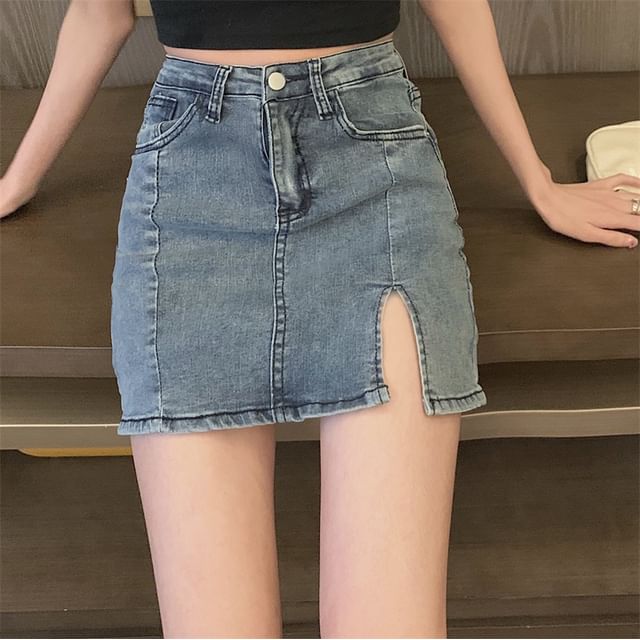 JVL-High Waist Denim Mini Skirt