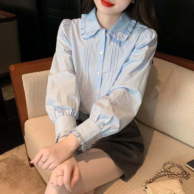 Dragan Pulse-Long-Sleeve Collared Frill Trim Pintuck Button-Up Plain Blouse