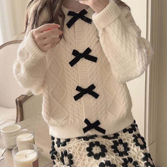 Crew Neck Bow Accent Cable Knit Button-Up Cardigan