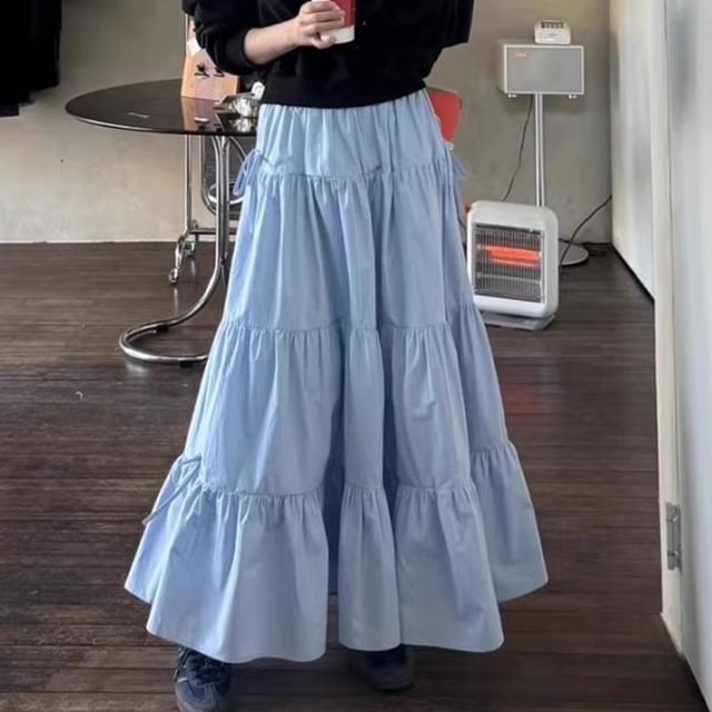 Yako-Elastic Waist Plain Tiered Maxi A-Line Skirt
