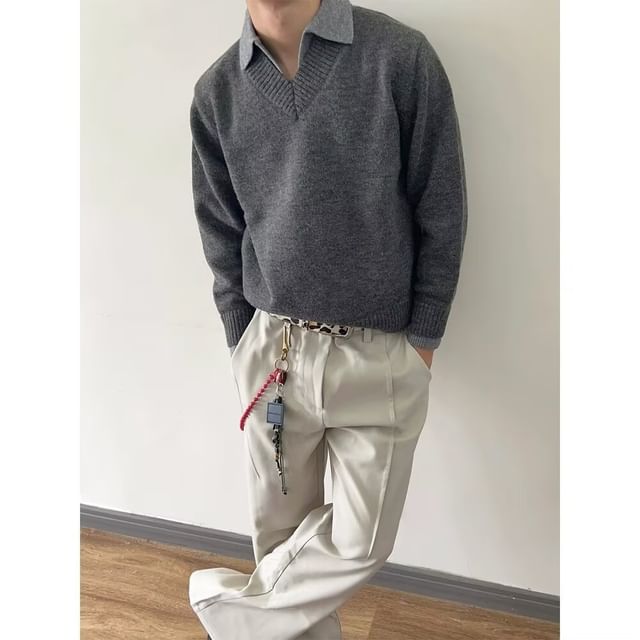 Urtishia-Collared Mock Two-Piece Two Tone Sweater
